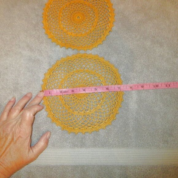 Vintage SET OF 2 Handmade CROCHET Lace DOILY Round GOLD Orange TABLE Decor - Picture 8 of 9
